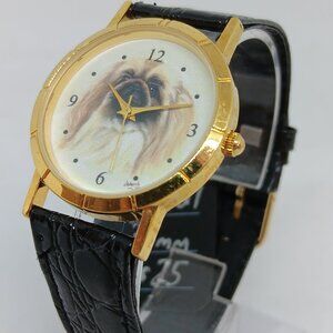 Pekingese 33mm Women's Gold Tone Black Leather Band Dog Watch